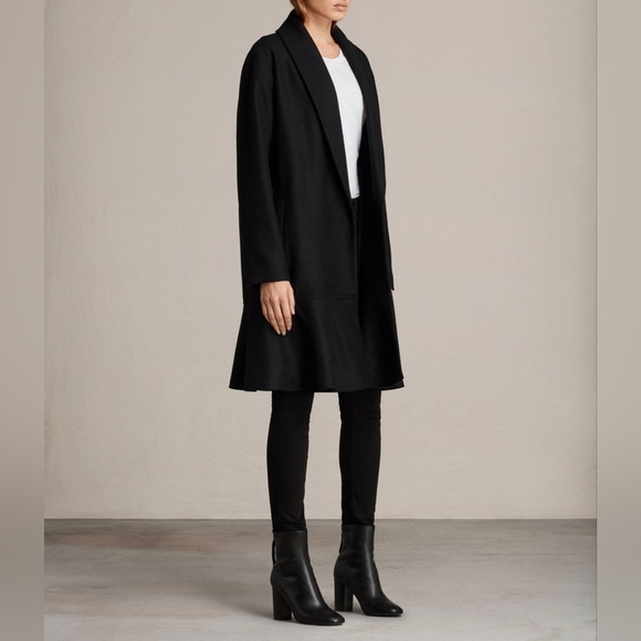 Allsaints Grace Coat Wool Ruffle Hem Long Overcoat Jacket Black size XS - Picture 1 of 12